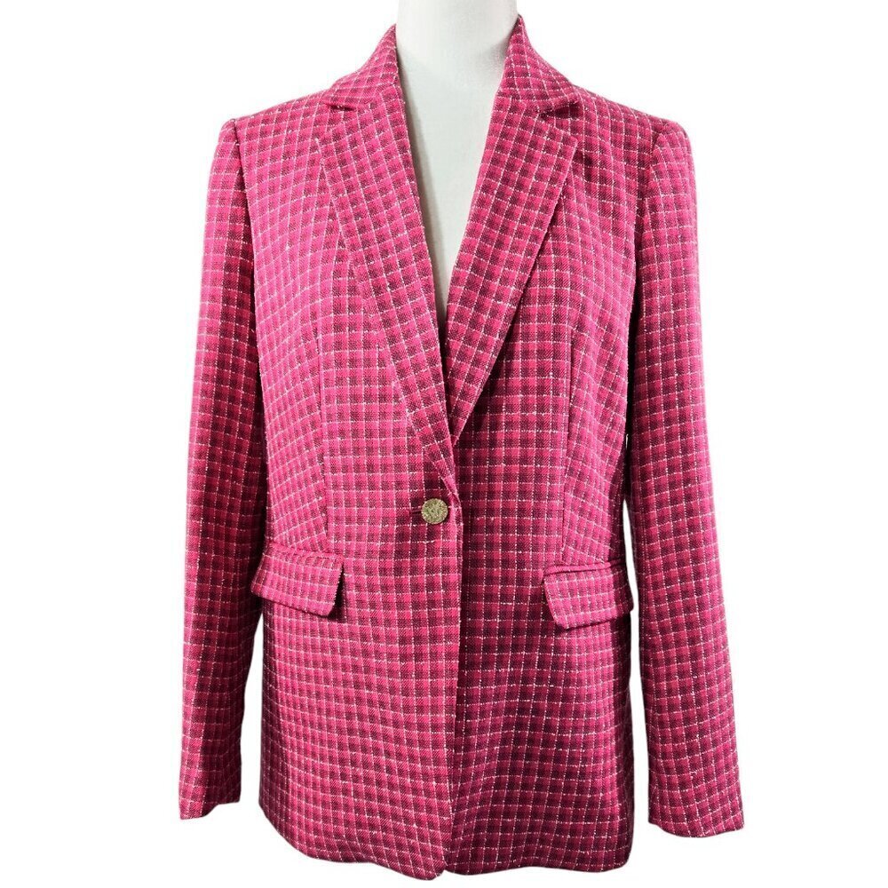 Anne Klein Pink Plaid Tweed Look One Button Blazer Barbie Office Preppy